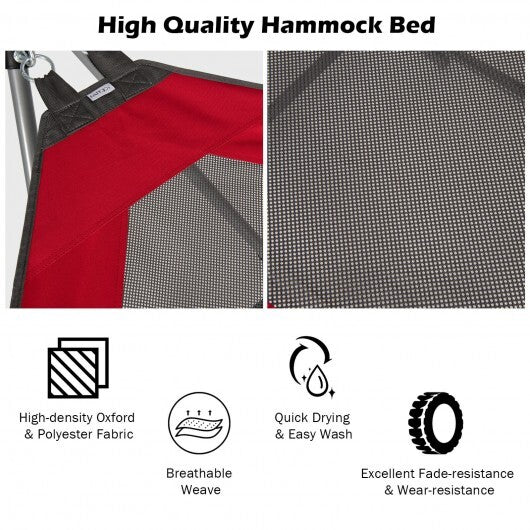 Folding Hammock Indoor Outdoor Hammock with Side Pocket and Iron Stand-Red - Color: Red