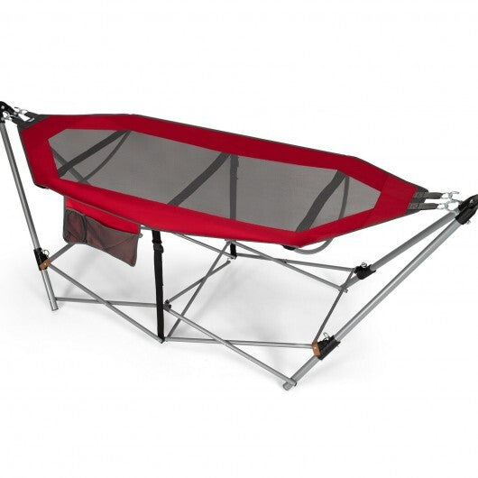 Folding Hammock Indoor Outdoor Hammock with Side Pocket and Iron Stand-Red - Color: Red