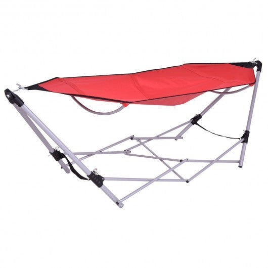 Portable Folding Steel Frame Hammock with Bag-Red - Color: Red