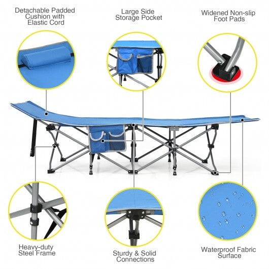 Folding Camping Cot with Side Storage Pocket Detachable Headrest-Blue - Color: Blue