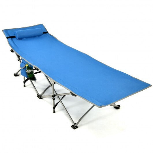 Folding Camping Cot with Side Storage Pocket Detachable Headrest-Blue - Color: Blue